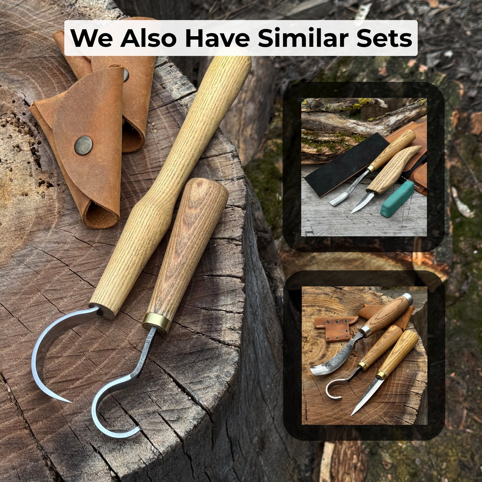 2-piece spoon carving hook knife set with ash wood handles and leather sheaths