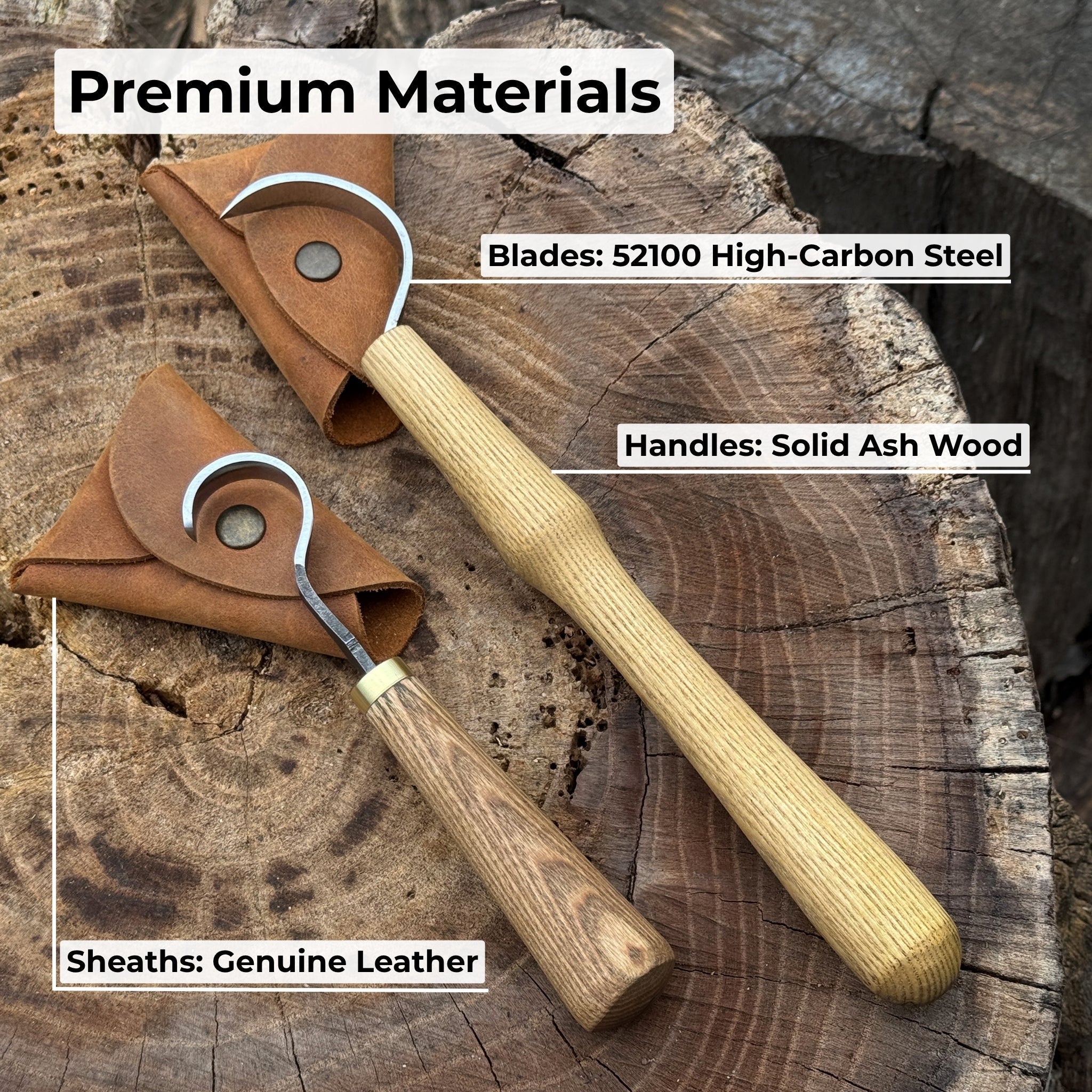 2-piece spoon carving hook knife set with ash wood handles and leather sheaths