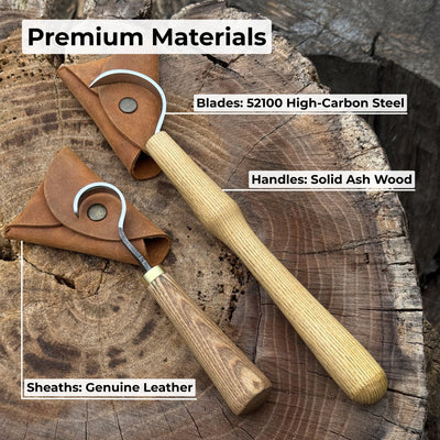 2-piece spoon carving hook knife set with ash wood handles and leather sheaths