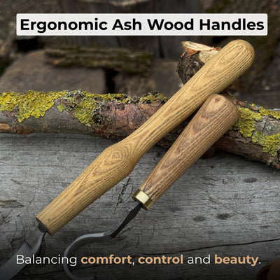 2-piece spoon carving hook knife set with ash wood handles and leather sheaths