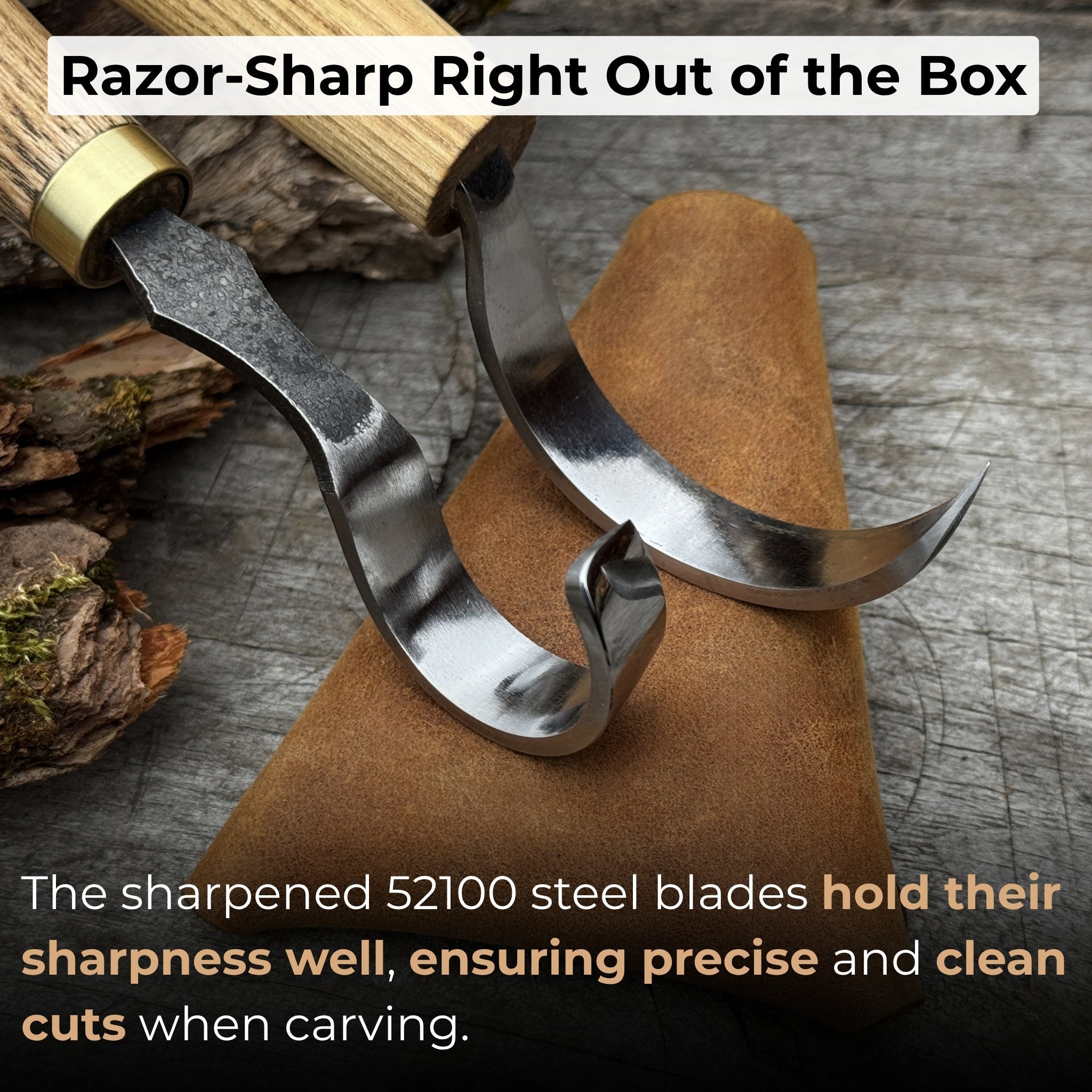 2-piece spoon carving hook knife set with ash wood handles and leather sheaths