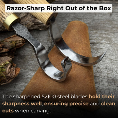 2-piece spoon carving hook knife set with ash wood handles and leather sheaths