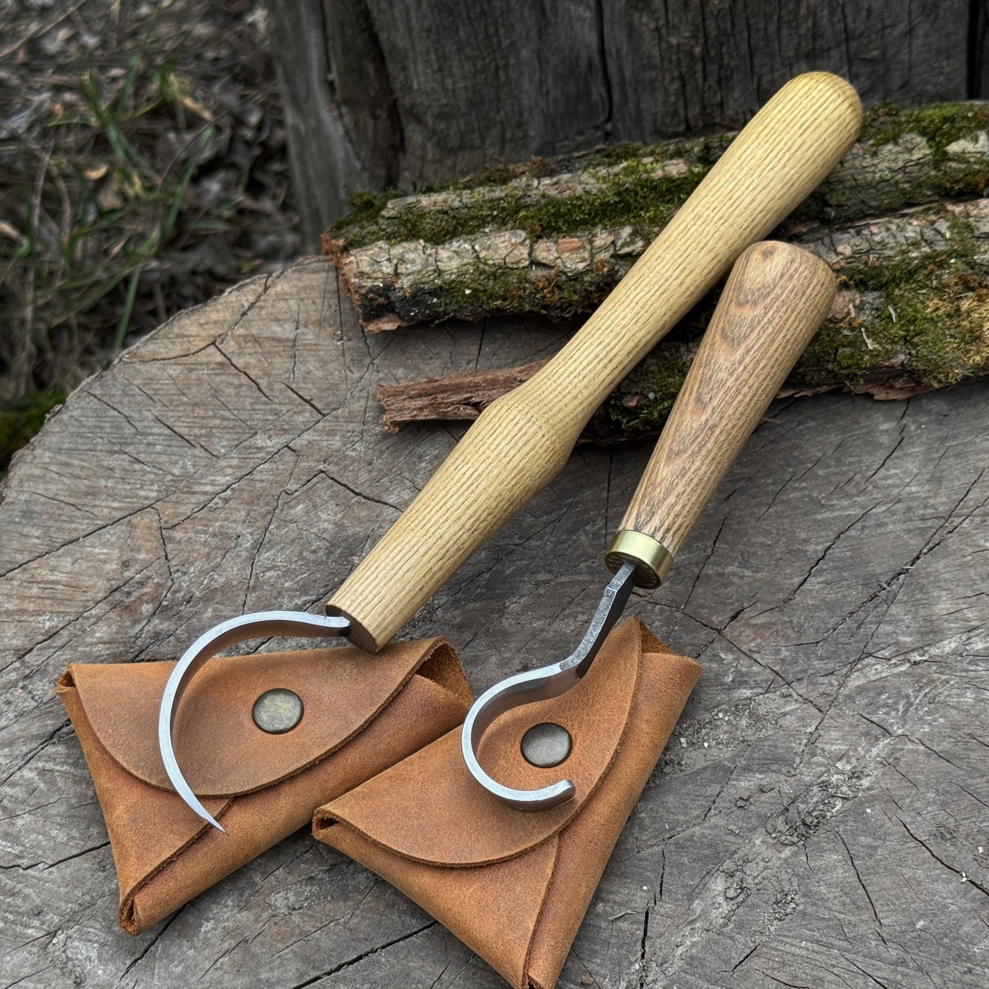 2-piece spoon carving hook knife set with ash wood handles and leather sheaths