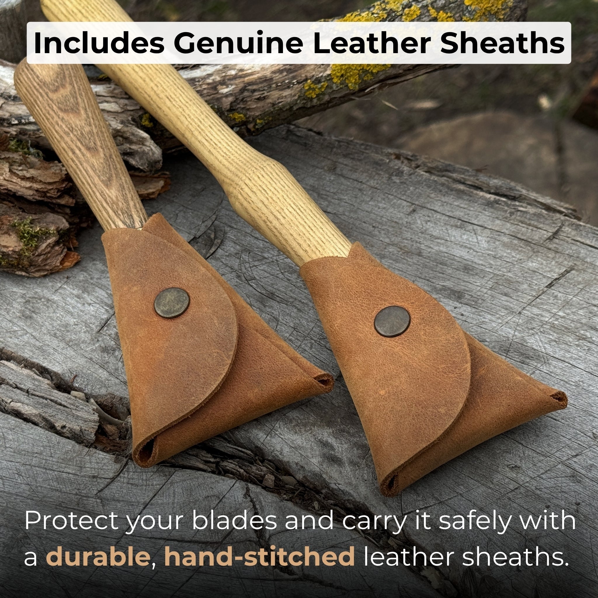 2-piece spoon carving hook knife set with ash wood handles and leather sheaths