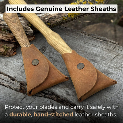 2-piece spoon carving hook knife set with ash wood handles and leather sheaths