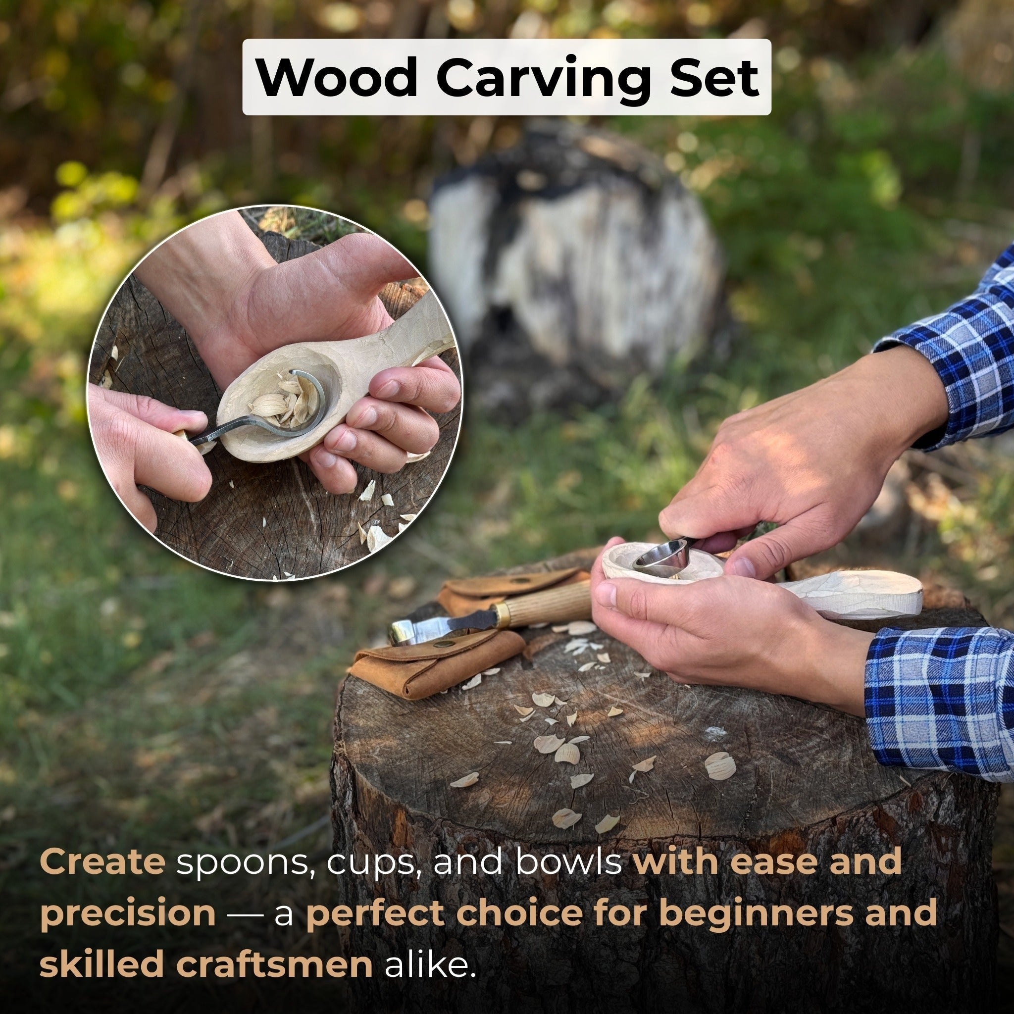2-Piece Spoon Carving Knife Set with ash wood handles and leather sheaths