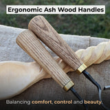 2-Piece Spoon Carving Knife Set with ash wood handles and leather sheaths