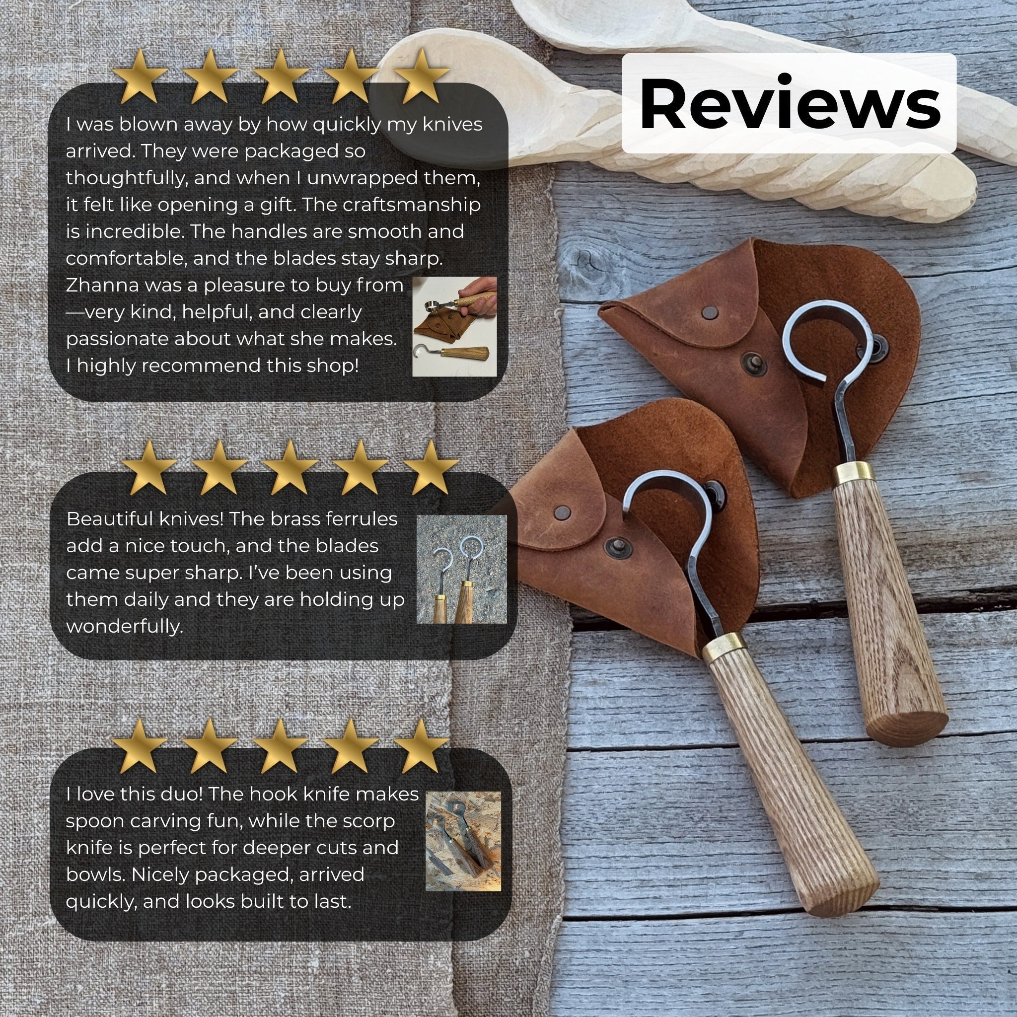 2-Piece Spoon Carving Knife Set with ash wood handles and leather sheaths