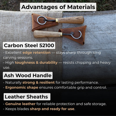 2-Piece Spoon Carving Knife Set with ash wood handles and leather sheaths