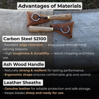 2-Piece Spoon Carving Knife Set with ash wood handles and leather sheaths