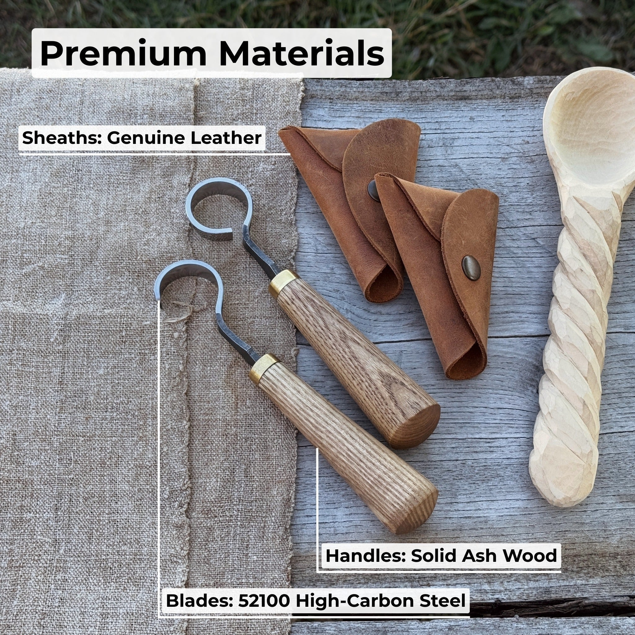 2-Piece Spoon Carving Knife Set with ash wood handles and leather sheaths