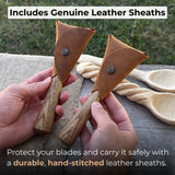 2-Piece Spoon Carving Knife Set with ash wood handles and leather sheaths