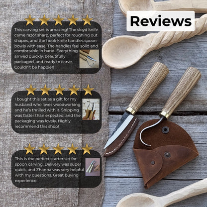 2-piece spoon carving knife set with leather sheaths by Sharky Forged Steel Tools