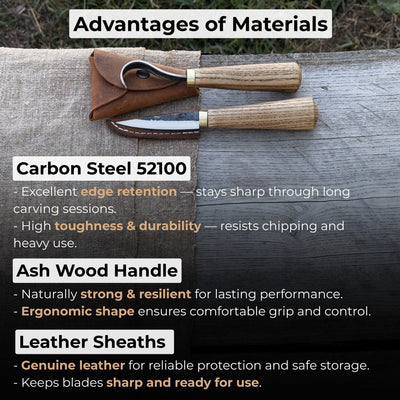 2-piece spoon carving knife set with leather sheaths by Sharky Forged Steel Tools