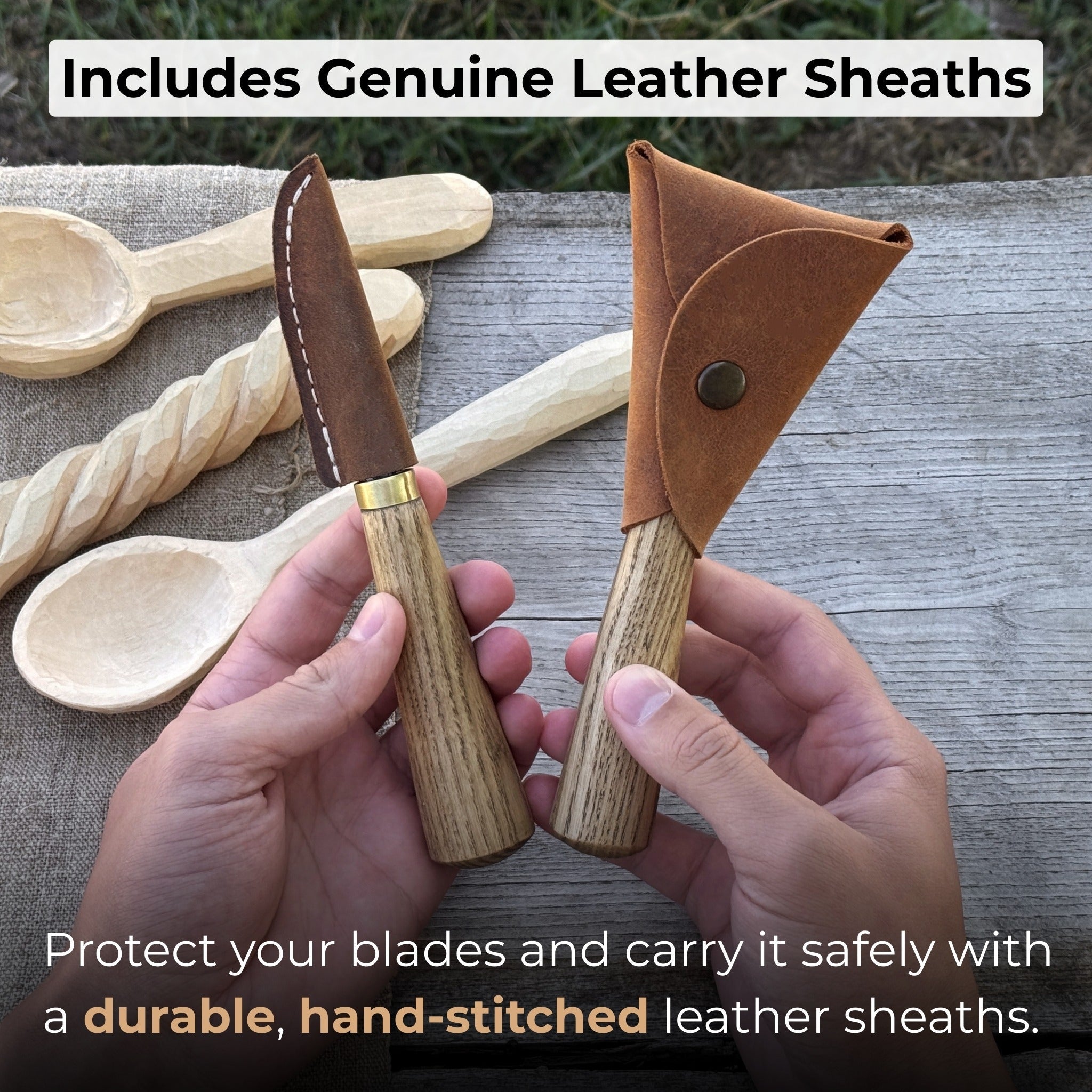 2-piece spoon carving knife set with leather sheaths by Sharky Forged Steel Tools