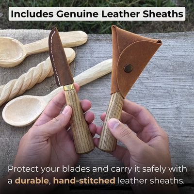 2-piece spoon carving knife set with leather sheaths by Sharky Forged Steel Tools