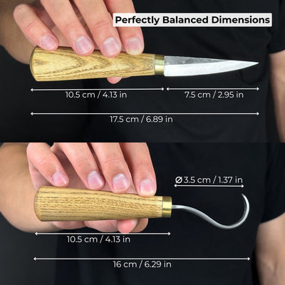 2-piece spoon carving knife set with leather sheaths by Sharky Forged Steel Tools