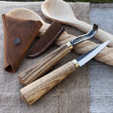 2-piece spoon carving knife set with leather sheaths by Sharky Forged Steel Tools