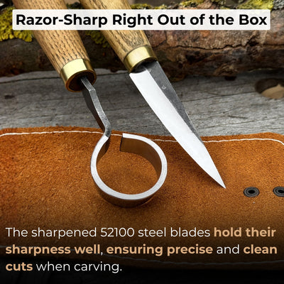 2-piece spoon carving tool set with leather case, featuring hand-forged carbon steel blades and ash wood handles