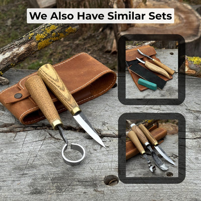 2-piece spoon carving tool set with leather case, featuring hand-forged carbon steel blades and ash wood handles