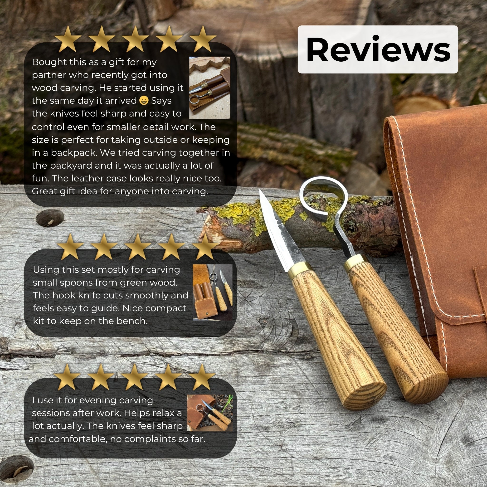 2-piece spoon carving tool set with leather case, featuring hand-forged carbon steel blades and ash wood handles
