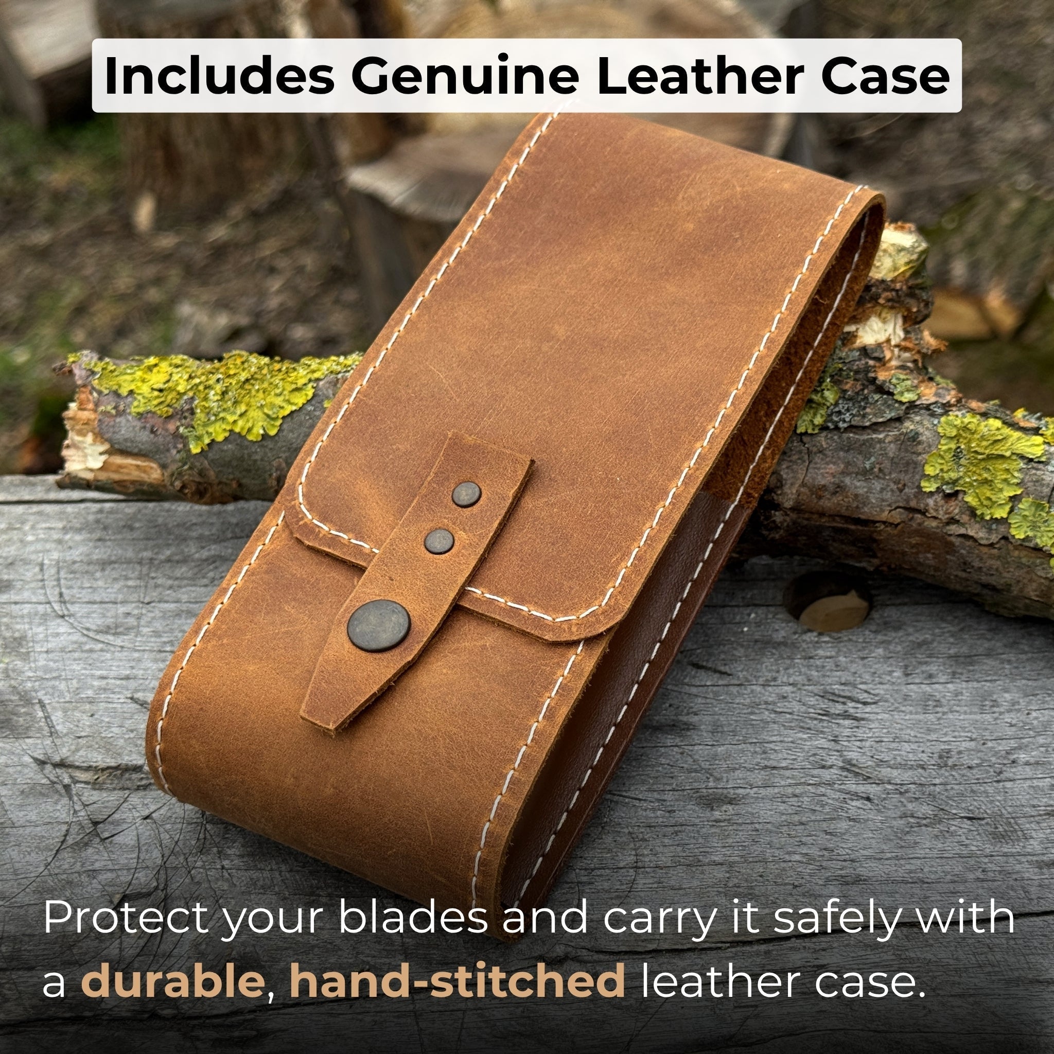 2-piece spoon carving tool set with leather case, featuring hand-forged carbon steel blades and ash wood handles
