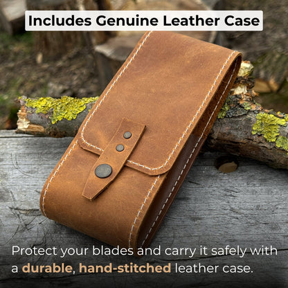 2-piece spoon carving tool set with leather case, featuring hand-forged carbon steel blades and ash wood handles