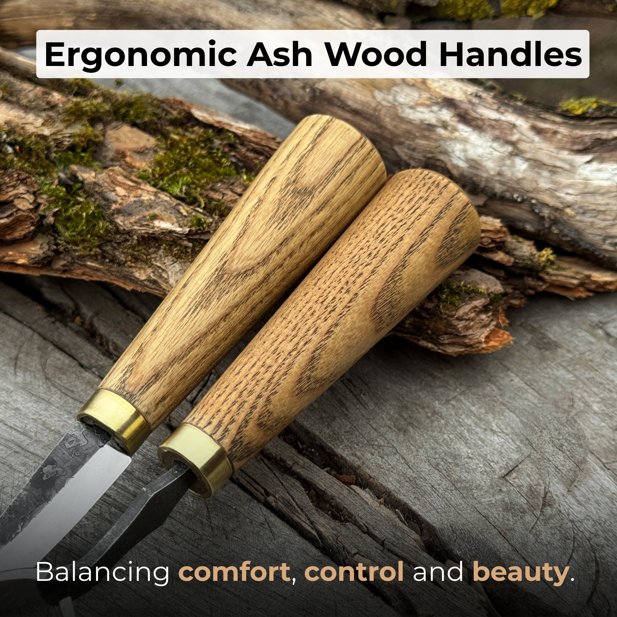 2-piece spoon carving tool set with leather case, featuring hand-forged carbon steel blades and ash wood handles