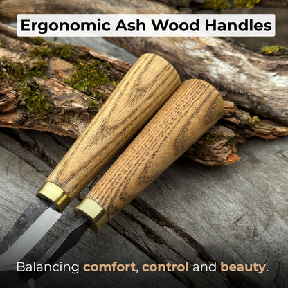 2-piece spoon carving tool set with leather case, featuring hand-forged carbon steel blades and ash wood handles