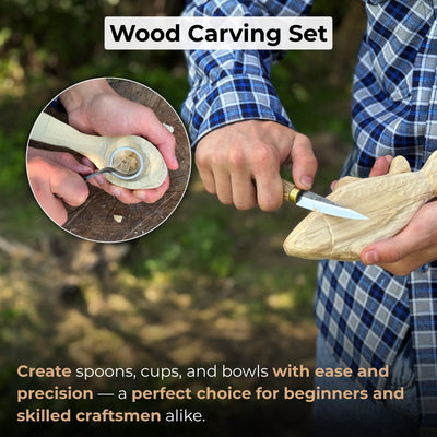 2-piece spoon carving tool set with leather case, featuring hand-forged carbon steel blades and ash wood handles