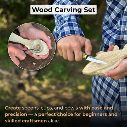 2-piece spoon carving tool set with leather case, featuring hand-forged carbon steel blades and ash wood handles