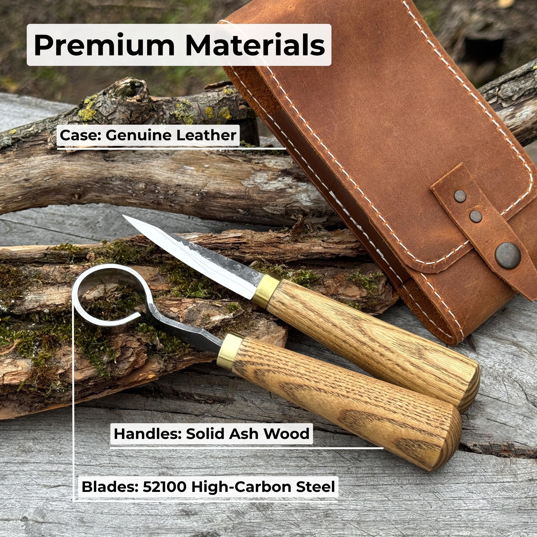 2-piece spoon carving tool set with leather case, featuring hand-forged carbon steel blades and ash wood handles