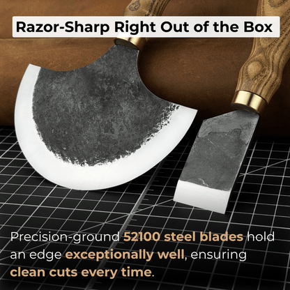 2-Piece Straight and Round Half Moon Leather Knife Set with ash wood handles and protective sheaths
