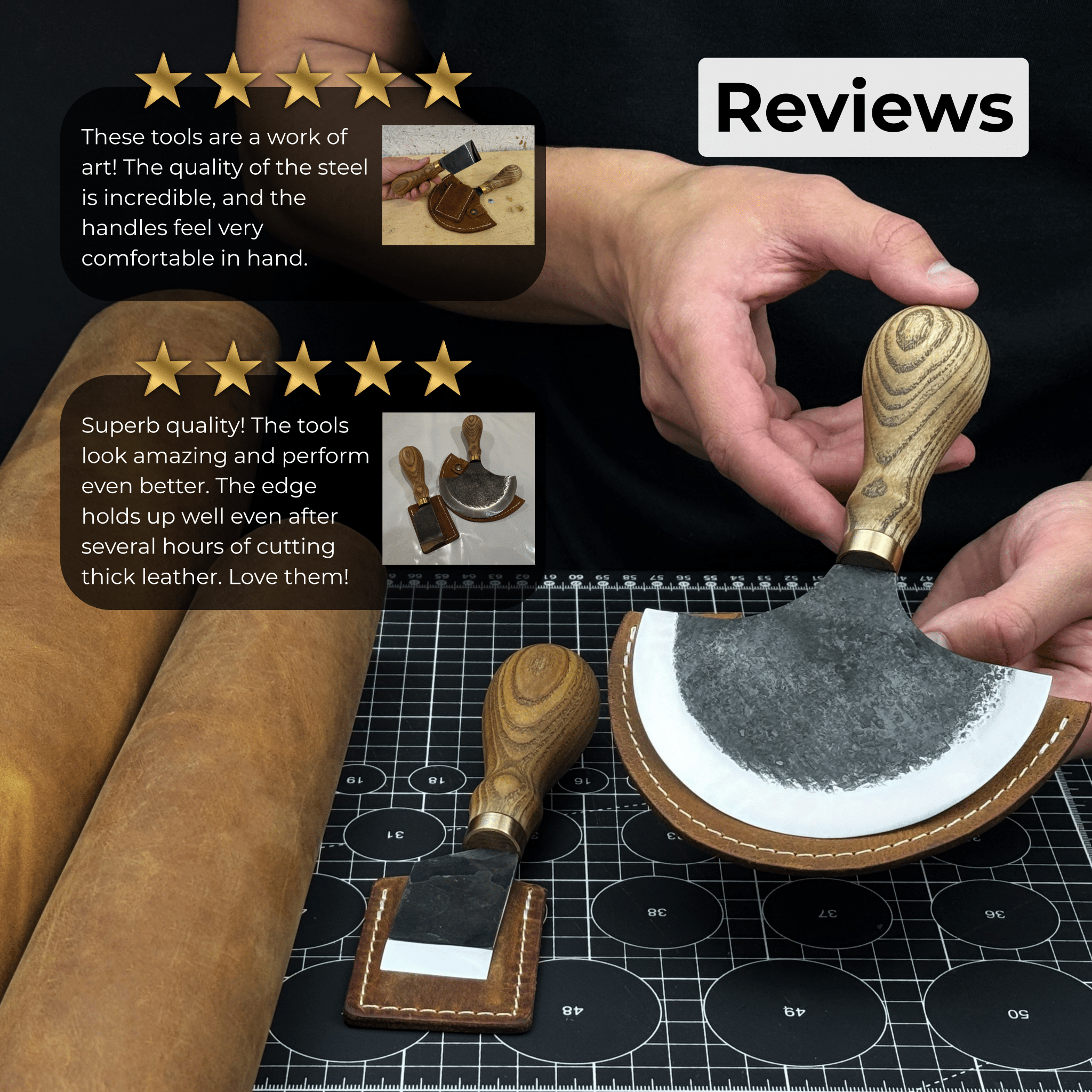 2-Piece Straight and Round Half Moon Leather Knife Set with ash wood handles and protective sheaths