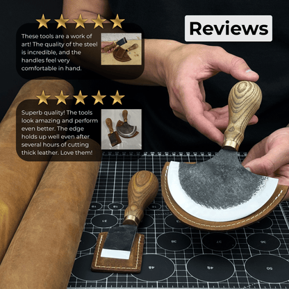 2-Piece Straight and Round Half Moon Leather Knife Set with ash wood handles and protective sheaths
