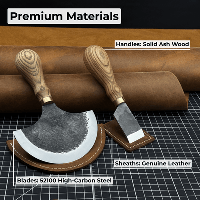 2-Piece Straight and Round Half Moon Leather Knife Set with ash wood handles and protective sheaths