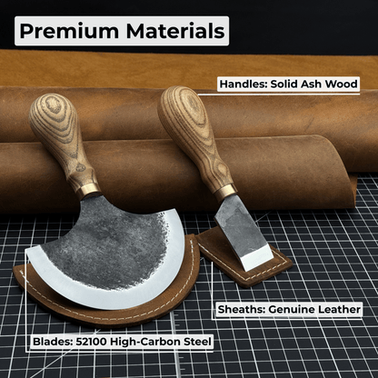 2-Piece Straight and Round Half Moon Leather Knife Set with ash wood handles and protective sheaths