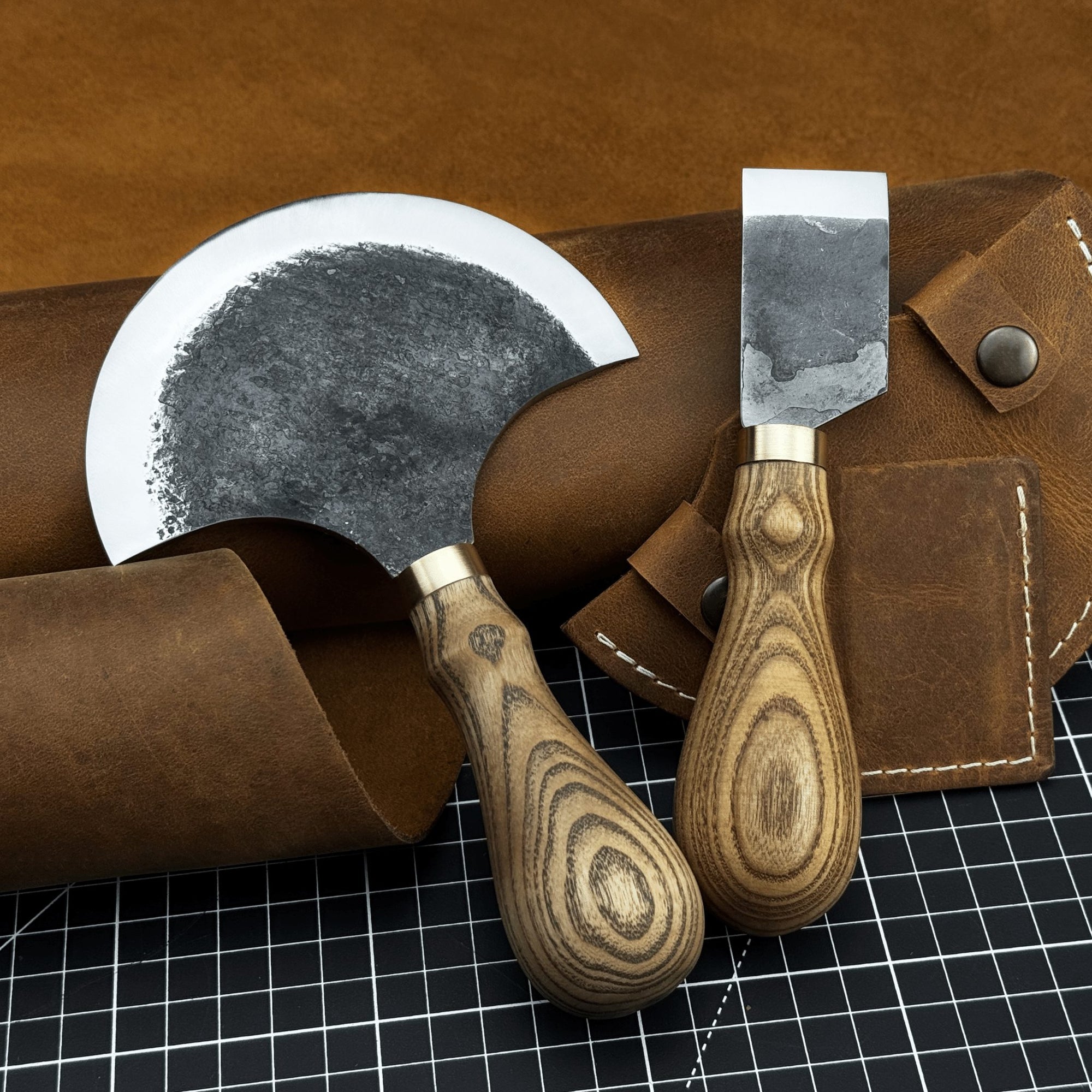 2-Piece Straight and Round Half Moon Leather Knife Set with ash wood handles and protective sheaths