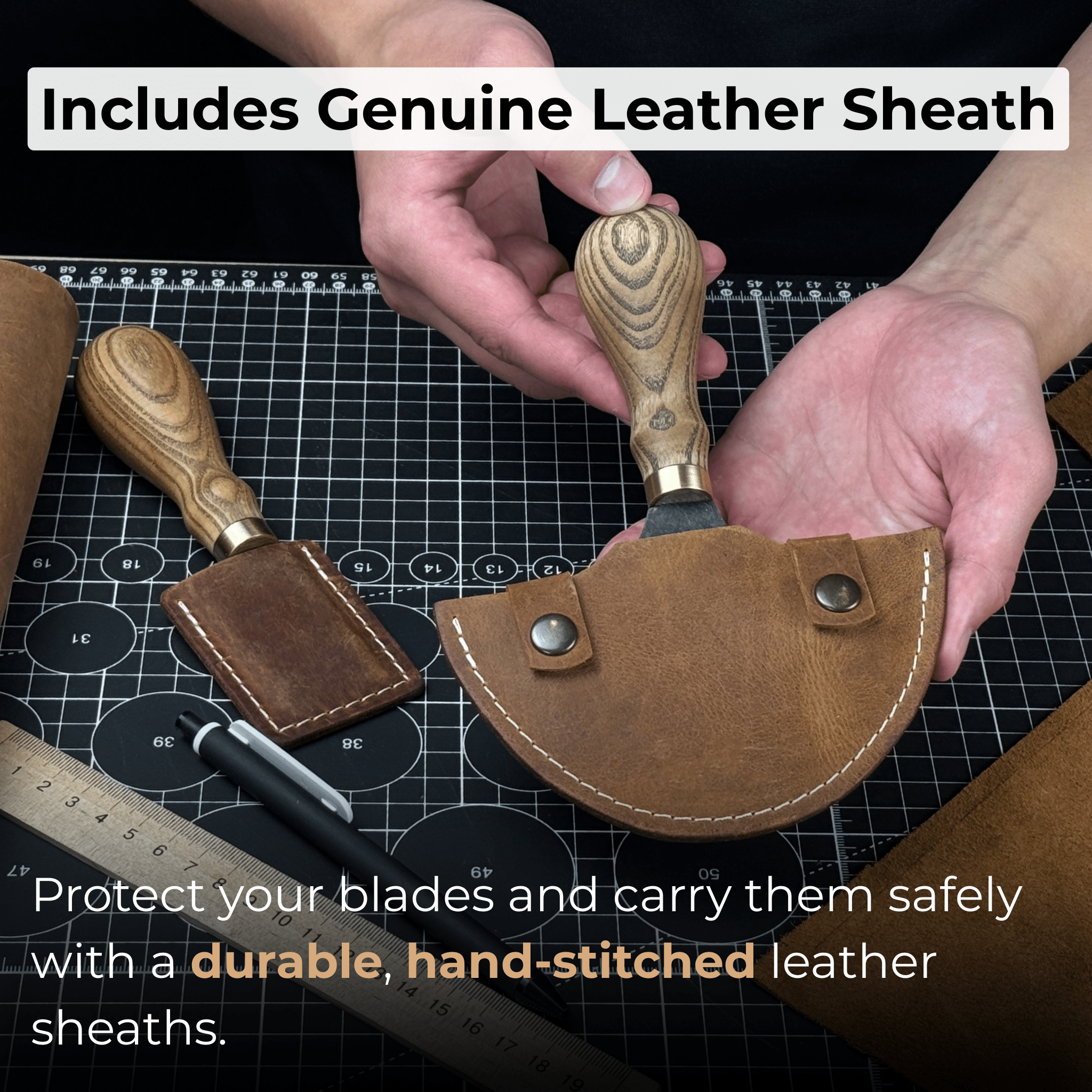 2-Piece Straight and Round Half Moon Leather Knife Set with ash wood handles and protective sheaths