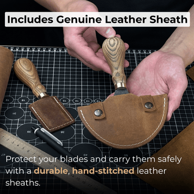 2-Piece Straight and Round Half Moon Leather Knife Set with ash wood handles and protective sheaths