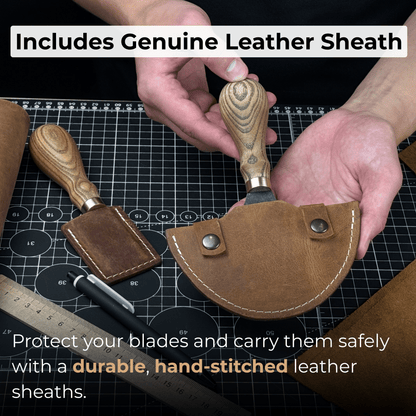 2-Piece Straight and Round Half Moon Leather Knife Set with ash wood handles and protective sheaths