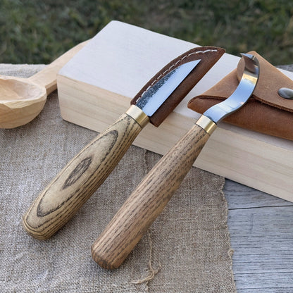 2-piece wood carving knife set with whittling and hook knives, ash wood handles, and leather sheath