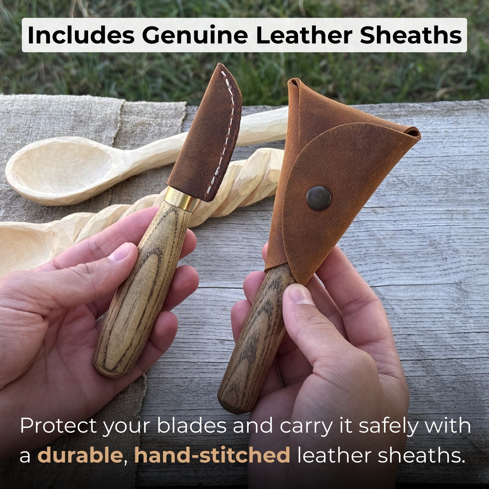 2-piece wood carving knife set with whittling and hook knives, ash wood handles, and leather sheath