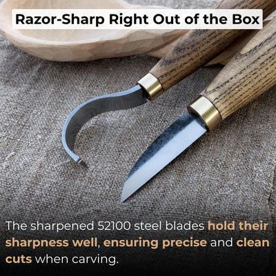 2-piece wood carving knife set with whittling and hook knives, ash wood handles, and leather sheath