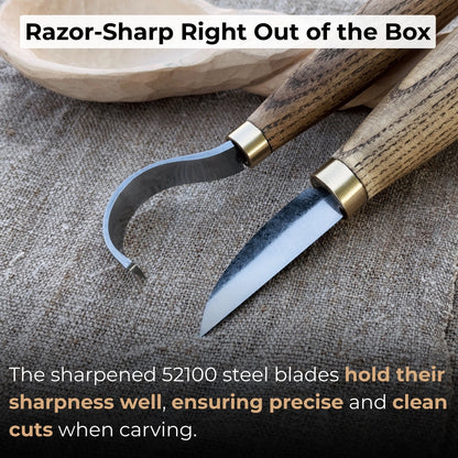 2-piece wood carving knife set with whittling and hook knives, ash wood handles, and leather sheath