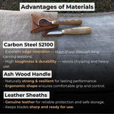 2-piece wood carving knife set with whittling and hook knives, ash wood handles, and leather sheath