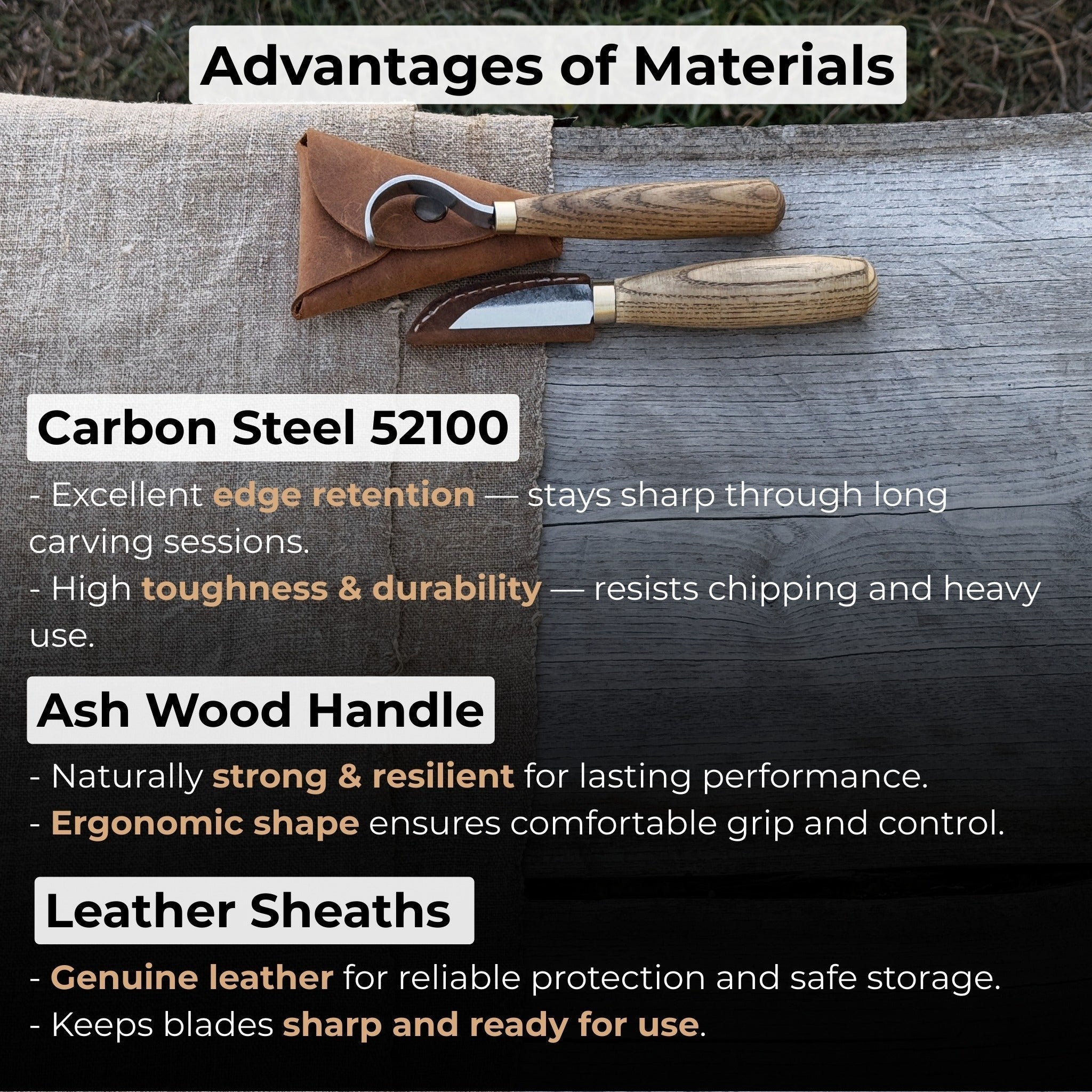 2-piece wood carving knife set with whittling and hook knives, ash wood handles, and leather sheath