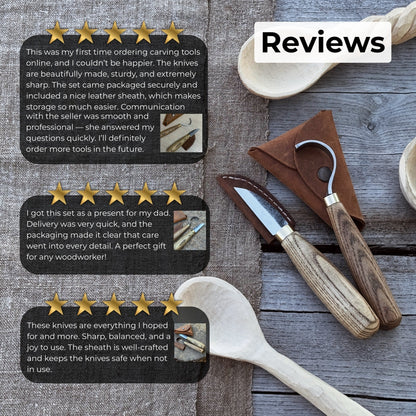 2-piece wood carving knife set with whittling and hook knives, ash wood handles, and leather sheath