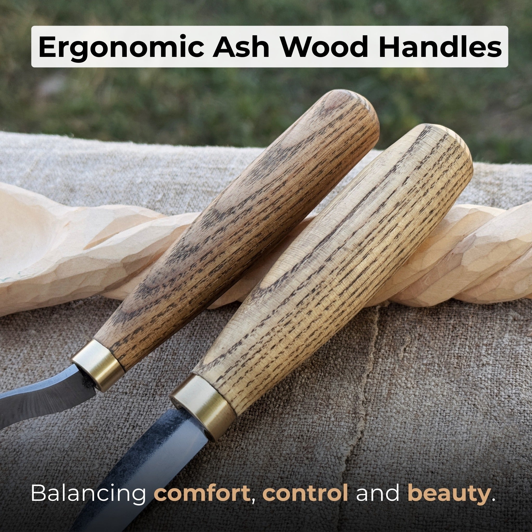 2-piece wood carving knife set with whittling and hook knives, ash wood handles, and leather sheath
