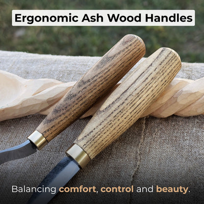 2-piece wood carving knife set with whittling and hook knives, ash wood handles, and leather sheath